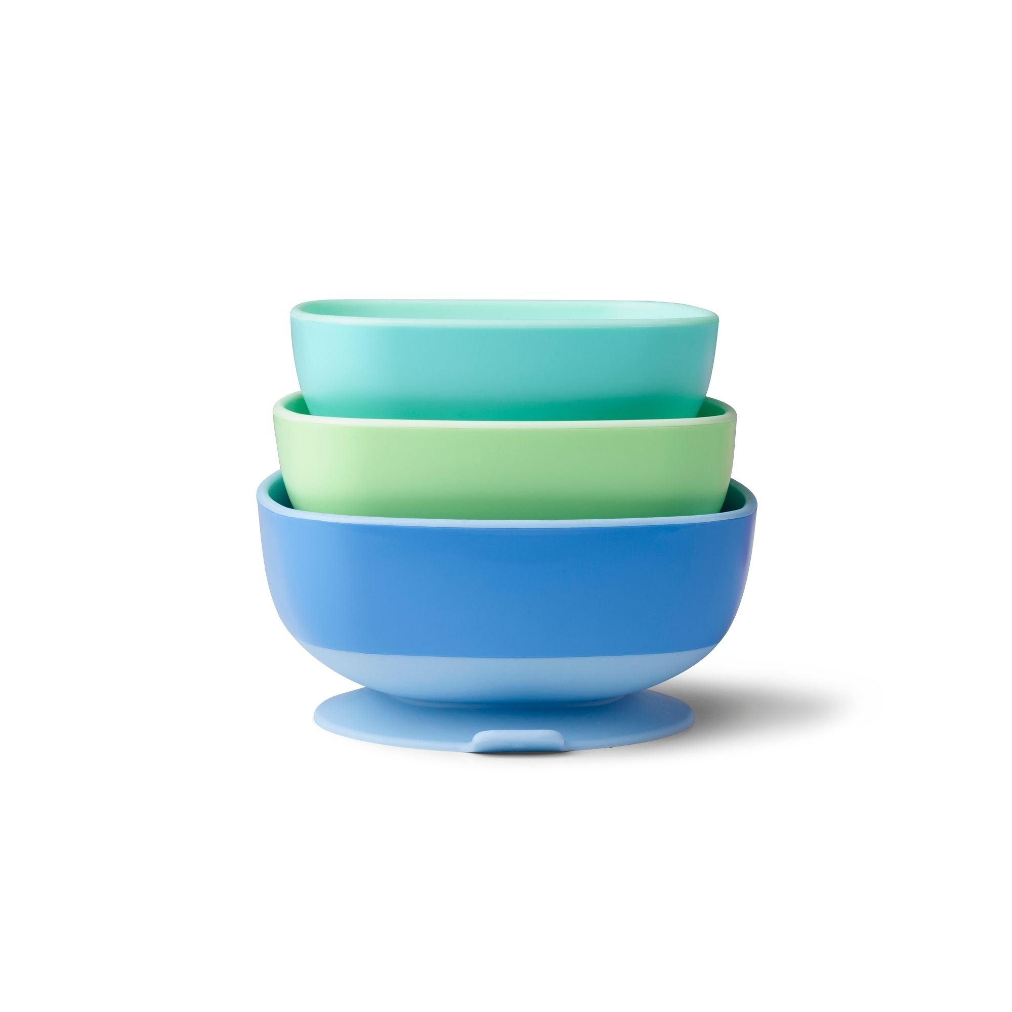 The Baby Suction Bowls Set of 3 features colorful, oval-shaped bowls in blue, green, and turquoise with a modern design, ideal for baby-led weaning or self-feeding. The plastic bowls are stacked together on a white background.