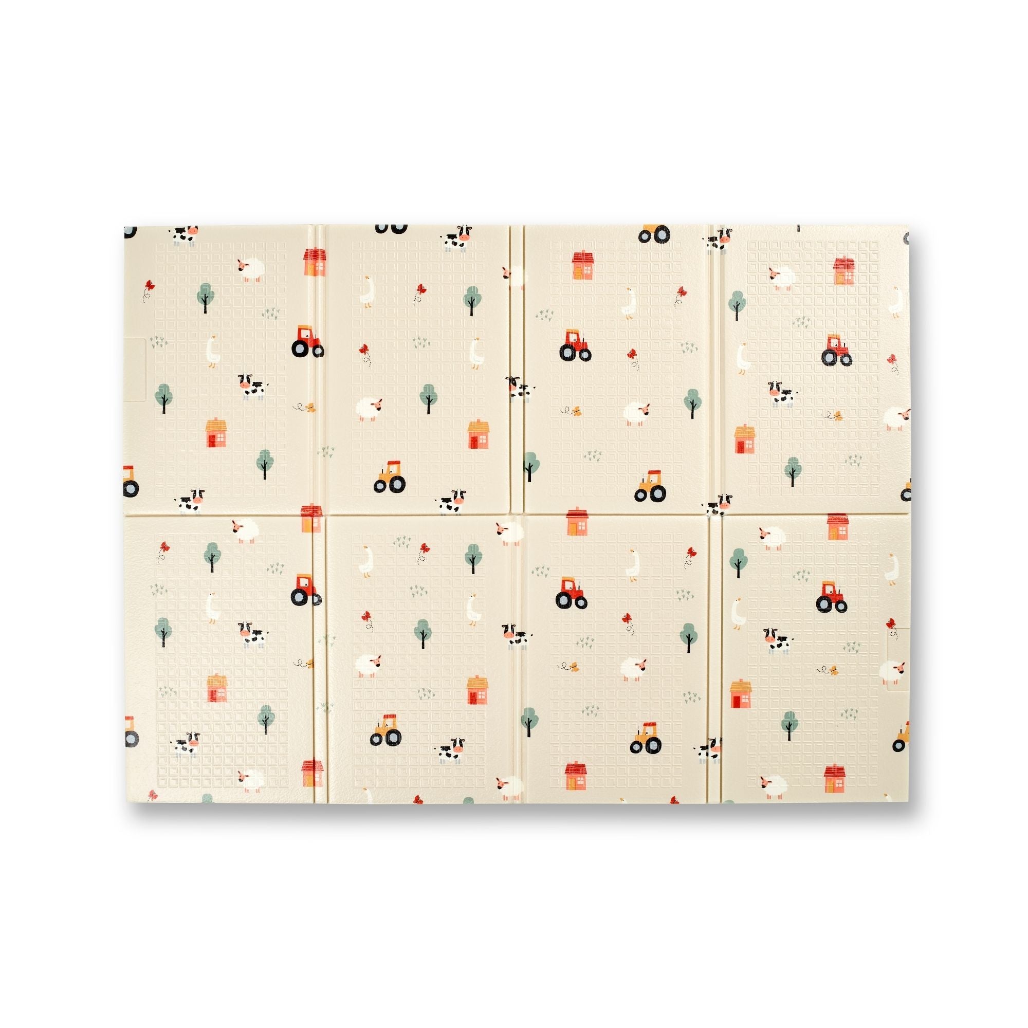 The Fold N Go Play Mat is a rectangular beige mat divided into eight sections, featuring a repeating farm-themed pattern with illustrations of cows, sheep, tractors, trees, and barns.