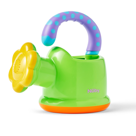 The Fun Watering Can is a colorful plastic bath toy with a yellow flower-shaped spout, green body, and purple handle with blue polka dots. Its orange base displays "Nûby" and it's perfect for water play.