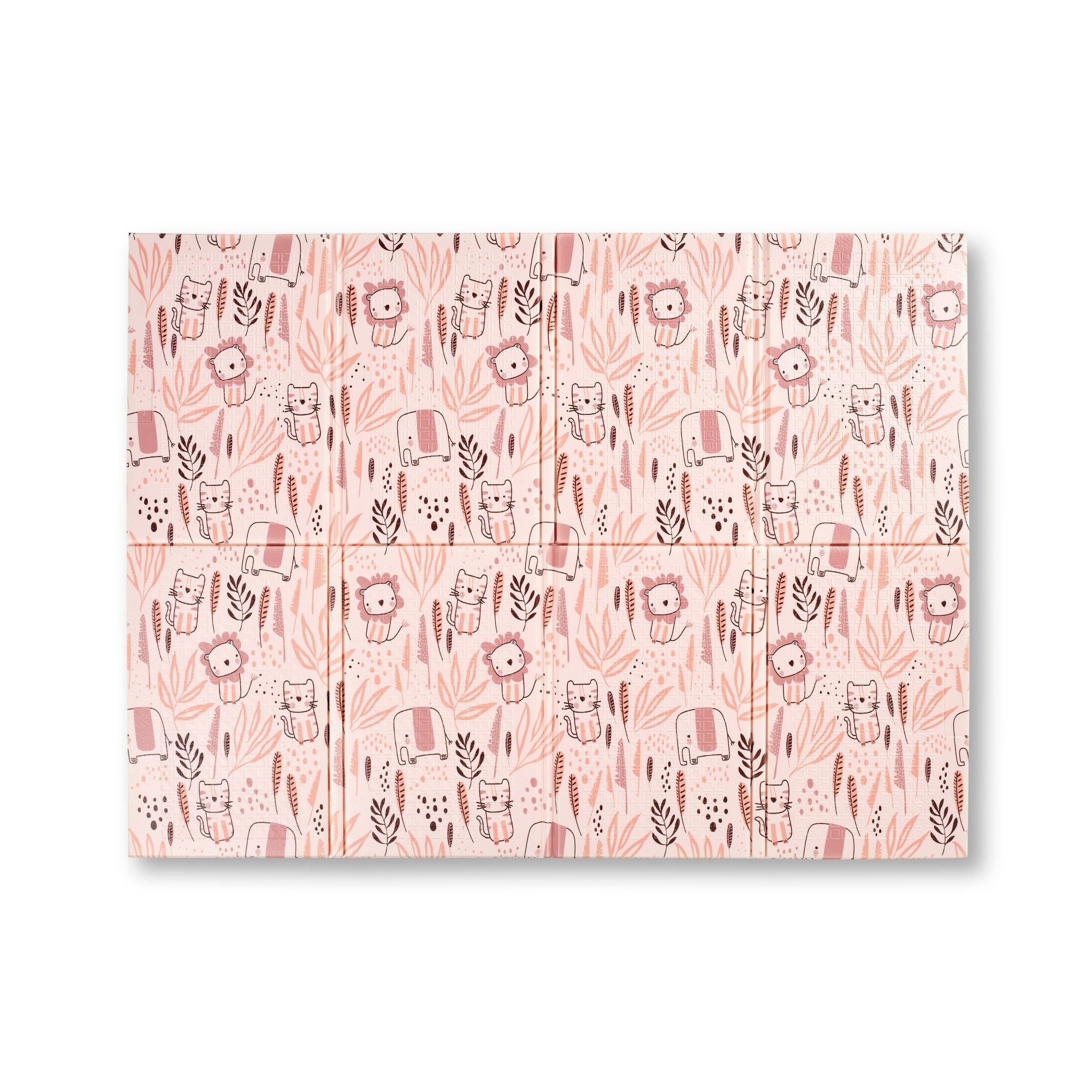 Six Fold N Go Play Mat sheets feature playful illustrated lions, tigers, leaves, and botanical designs in pink, peach, and brown tones on a white background.