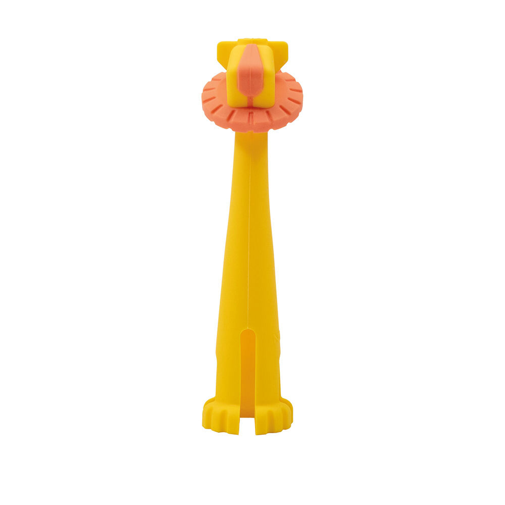 The Chompy Chube Teether in the design of yellow and orange forming the shape and look of a Lion. This particular image shows the front of the lion teether.