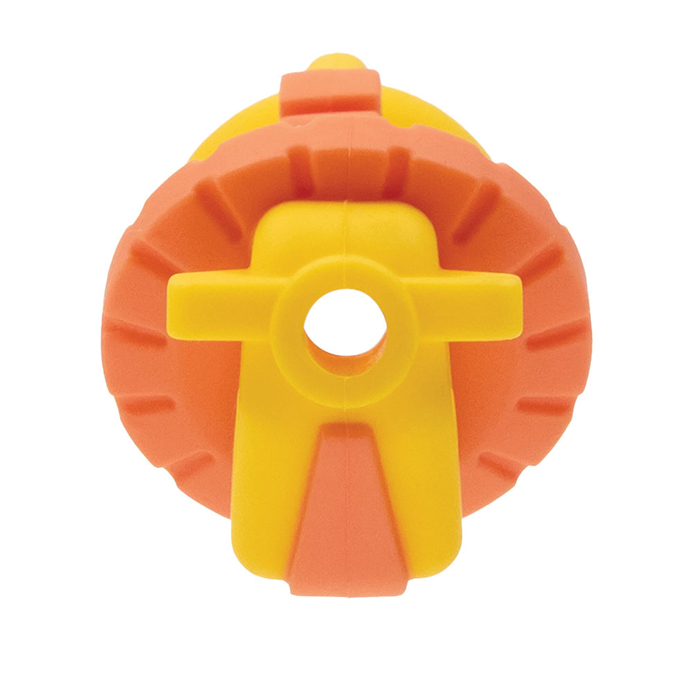 The Chompy Chube Teether in the design of yellow and orange forming the shape and look of a Lion. The teether is photographed from the top to show that it is hollow.