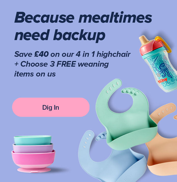 Save £40 on our 4 in 1 highchair and choose 3 free weaning items on us. 