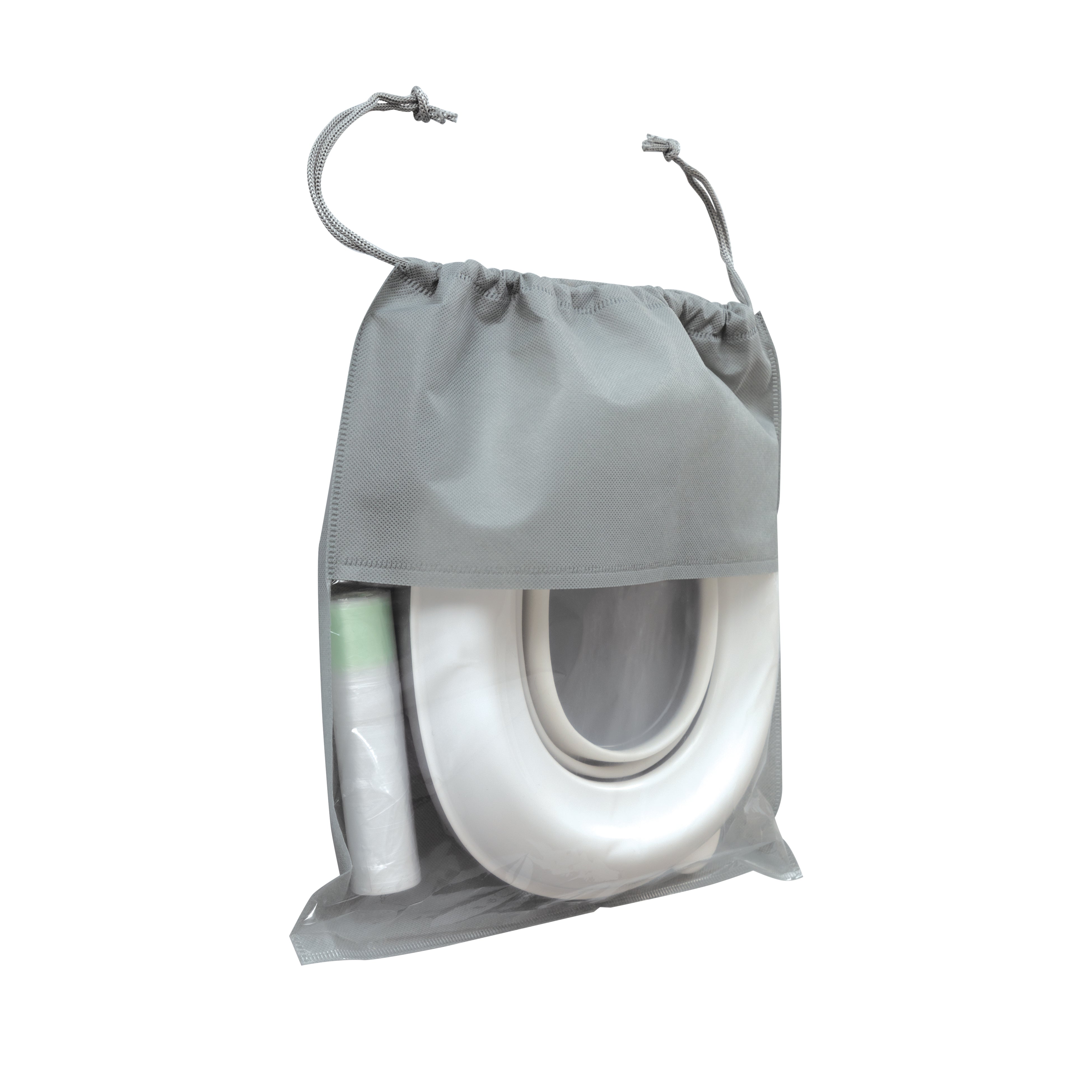 The Nuby Go Potty Folding Potty Seat and a small spray bottle are shown partially visible in a gray drawstring bag against a white background.