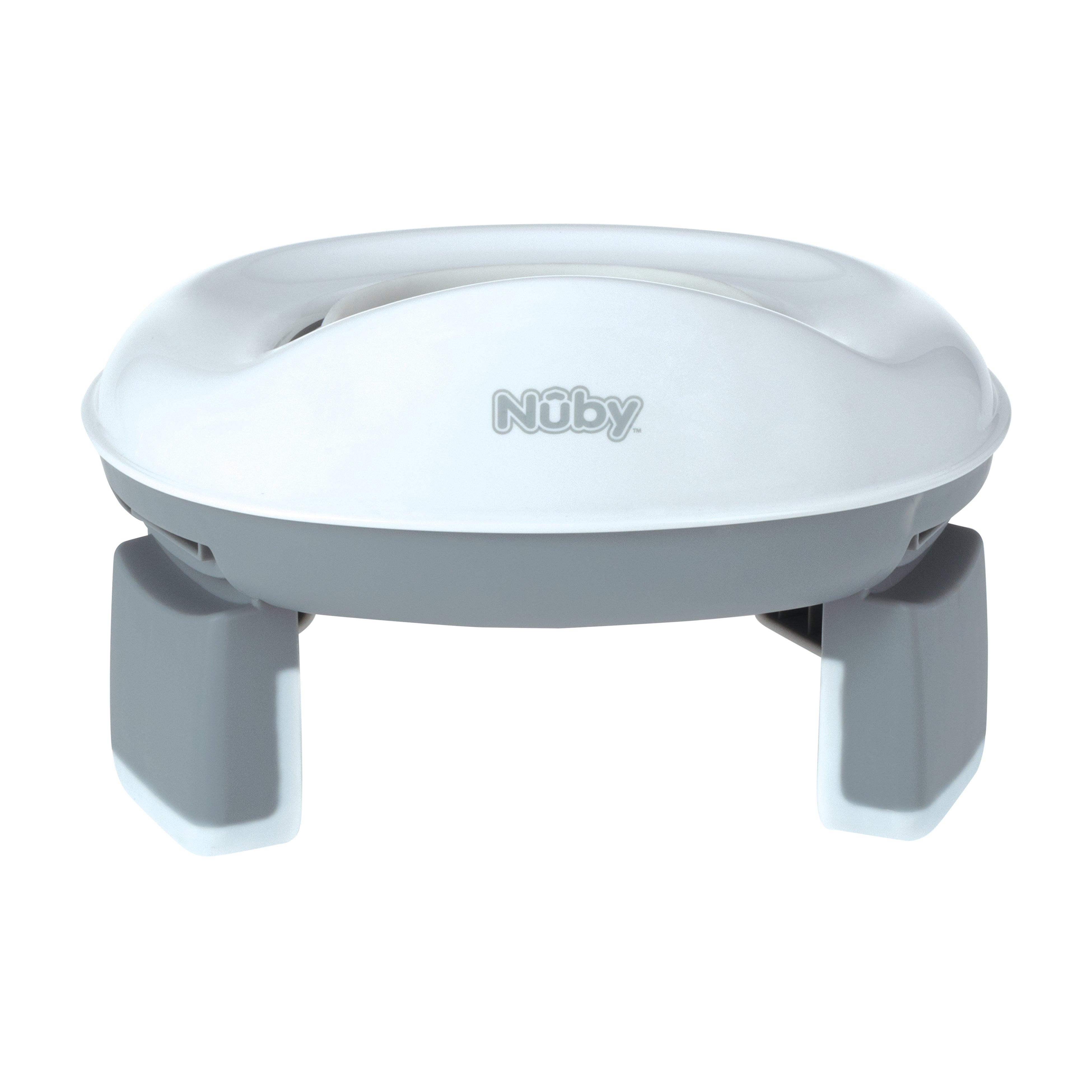 The Nuby Go Potty Folding Potty Seat features a light gray and white design with a smooth, rounded top and four wide, stable legs—perfect for young children to use in the bath or as a travel-friendly potty solution.