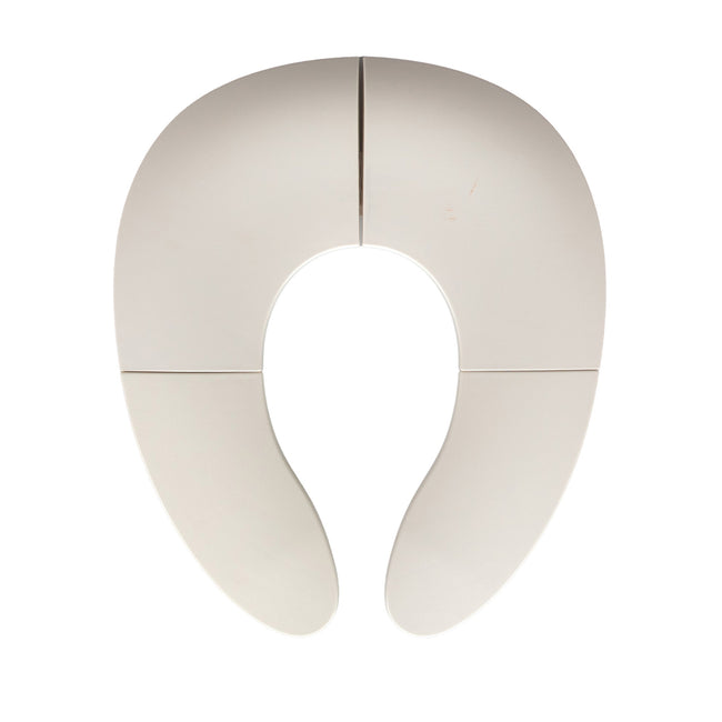 A white, foldable toilet seat shown from above, featuring four sections and a horseshoe shape—this Foldable Toilet Seat provides a convenient and hygienic option for toddler potty training while traveling.