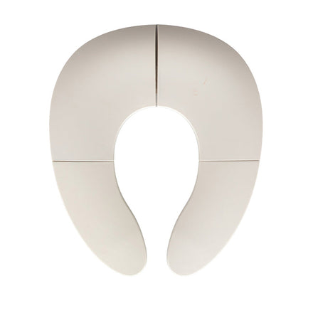 A white, foldable toilet seat shown from above, featuring four sections and a horseshoe shape—this Foldable Toilet Seat provides a convenient and hygienic option for toddler potty training while traveling.