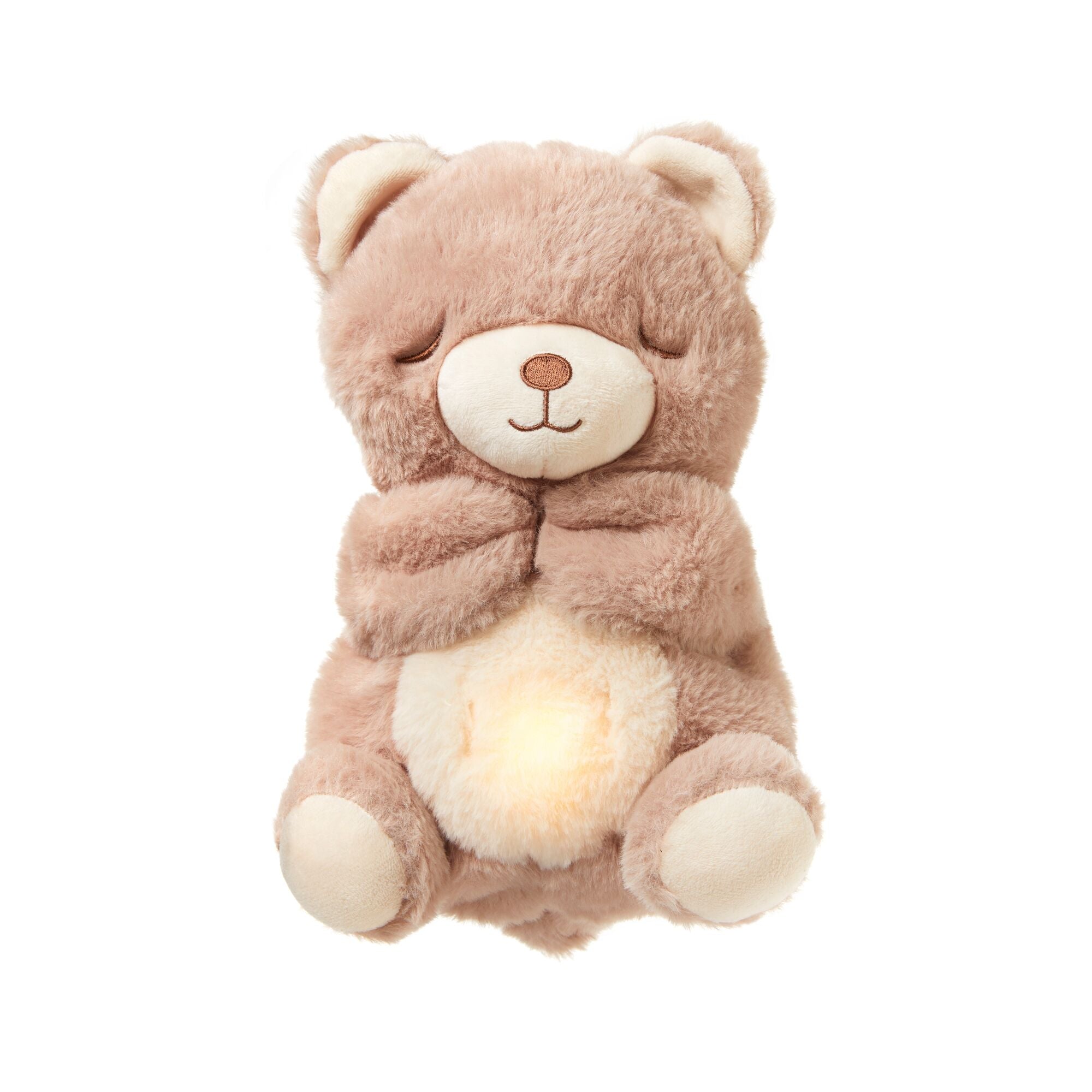 The Nuby UK Biscuit Bear Calming Comforter is a soft, light brown plush with closed eyes, a cream belly and paws, lying on its back with arms crossed—a soothing companion for your little one.