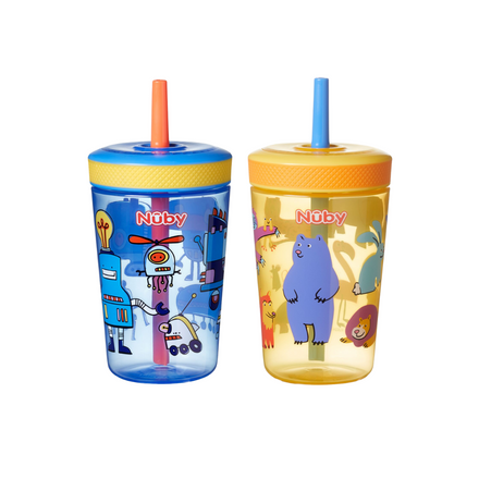 The Nuby UK Sip It Swirler 360 Straw Cup 2-pack includes colorful, spill-proof cups with lids and playful designs—one blue with robots and monsters, and one yellow with animals like a bear and lion—perfect for toddlers.