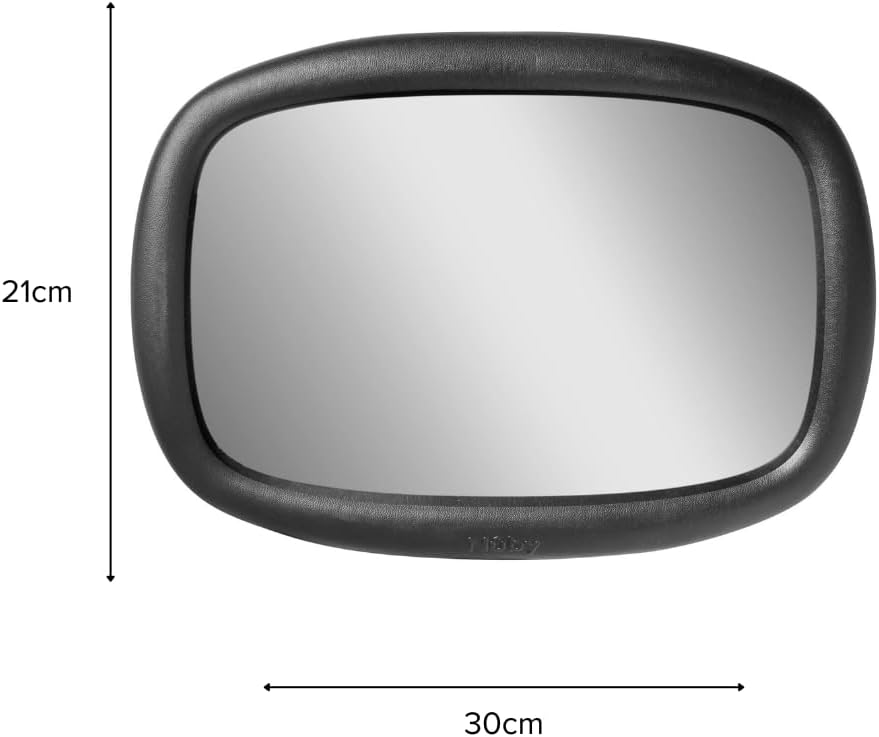 The Safe and Secure Baby Car Mirror is a rectangular, shatter-resistant mirror with rounded edges and a black frame, measuring 21 cm x 30 cm—ideal as a baby car or car seat mirror for safe driving. Labeled arrows show its dimensions.