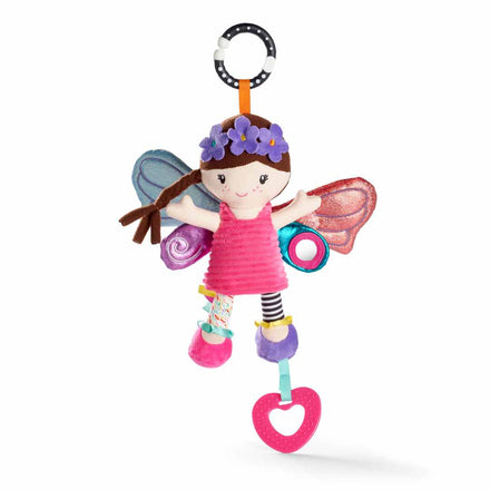 The Things with Wings Hattie Pram Toy features a plush fairy with brown hair, pink dress, purple flower headband, colorful wings, dangling legs with textured rings and a pink heart teether. Attaches easily to prams for fun on the go.