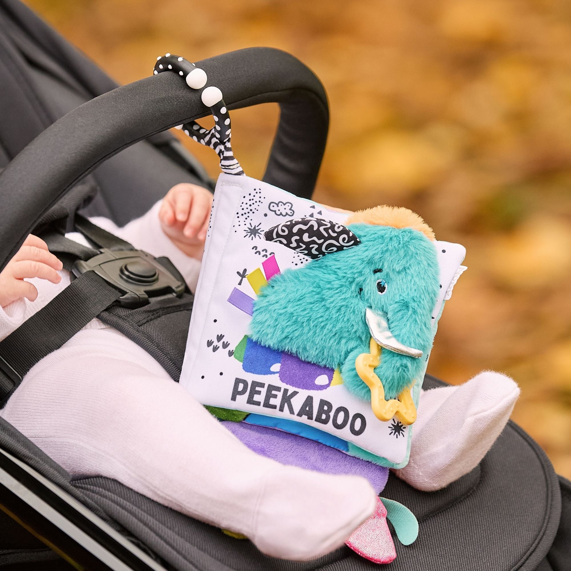 A baby in a stroller holds the Things with Wings Peek a Boo Book, a soft, colorful fabric book. The cover displays plush wings and the word "PEEKABOO," while autumn leaves blur in the background.