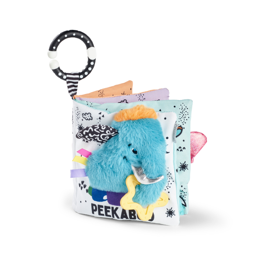 The Things with Wings Peek a Boo Book is a colorful soft baby book featuring a plush blue elephant on the cover, fabric tabs, and a black-and-white teething ring. "PEEKABOO" appears at the bottom.