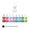 The Biscuit Bear Baby Night Light by Nuby UK is shown above eight identical bears in pink, red, purple, light pink, light blue, blue, green, and yellow. Text below reads: Tap to choose from 8 colours—perfect for babies.