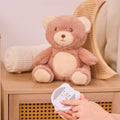 A plush teddy bear sits on a wooden cabinet beside a rolled white blanket and curved comb, as a hand holds the Biscuit Bear Baby Sleep Aid with Cry Sensor, its label visible in the foreground.