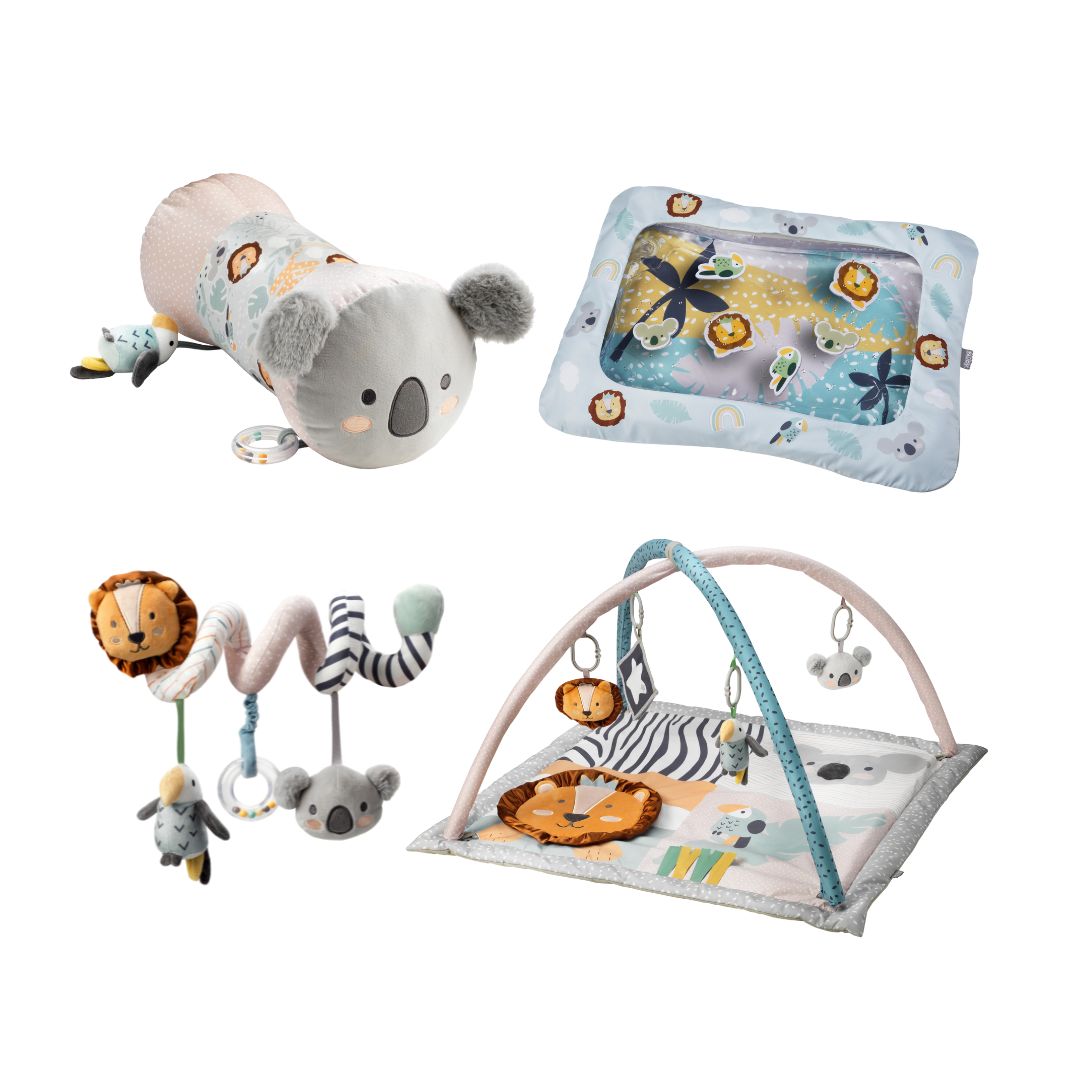 The Nuby UK Animal Adventures Playtime Set includes a koala tummy time roller, soft play mat with floating toys, pram activity spiral with animals, and a play gym with an arch, hanging toys, and a lion mat.