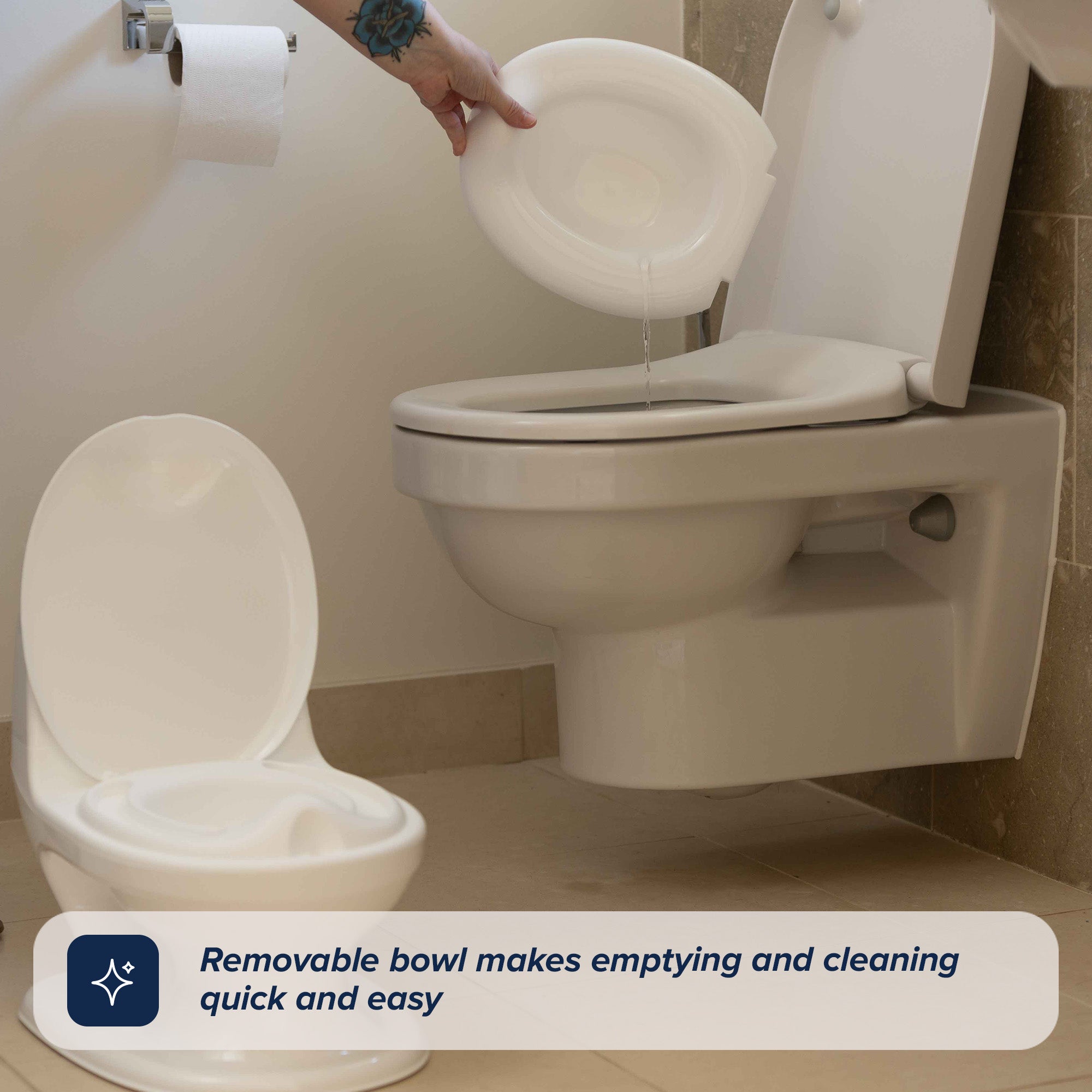 A hand empties the removable bowl of the My Real Mini Toilet Potty into a toilet, with a wall-mounted toilet paper roll. Caption: “Removable bowl makes emptying and cleaning quick and easy.”.