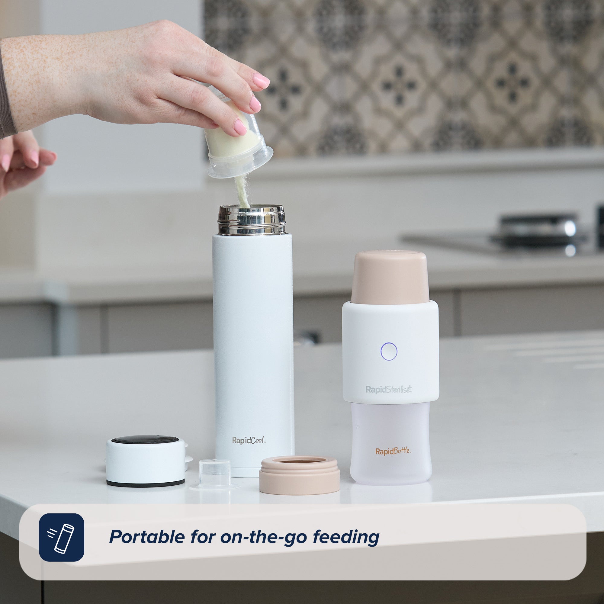 Formula being poured into a RapidCool by a woman's hand. This is alongside the RapidBottle and RapidSterilise+ which are working together to start the sterilisation process of the glass baby bottle.