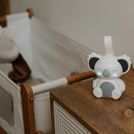 Biscuit bear night light by Nuby on bedside table