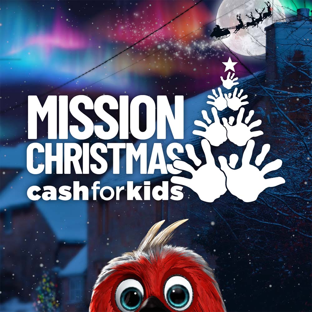 The logo for Cash For Kids Mission Christmas including the reliant Robin in a winter snowy scene with Father Christmas flying past the moon in the sky.
