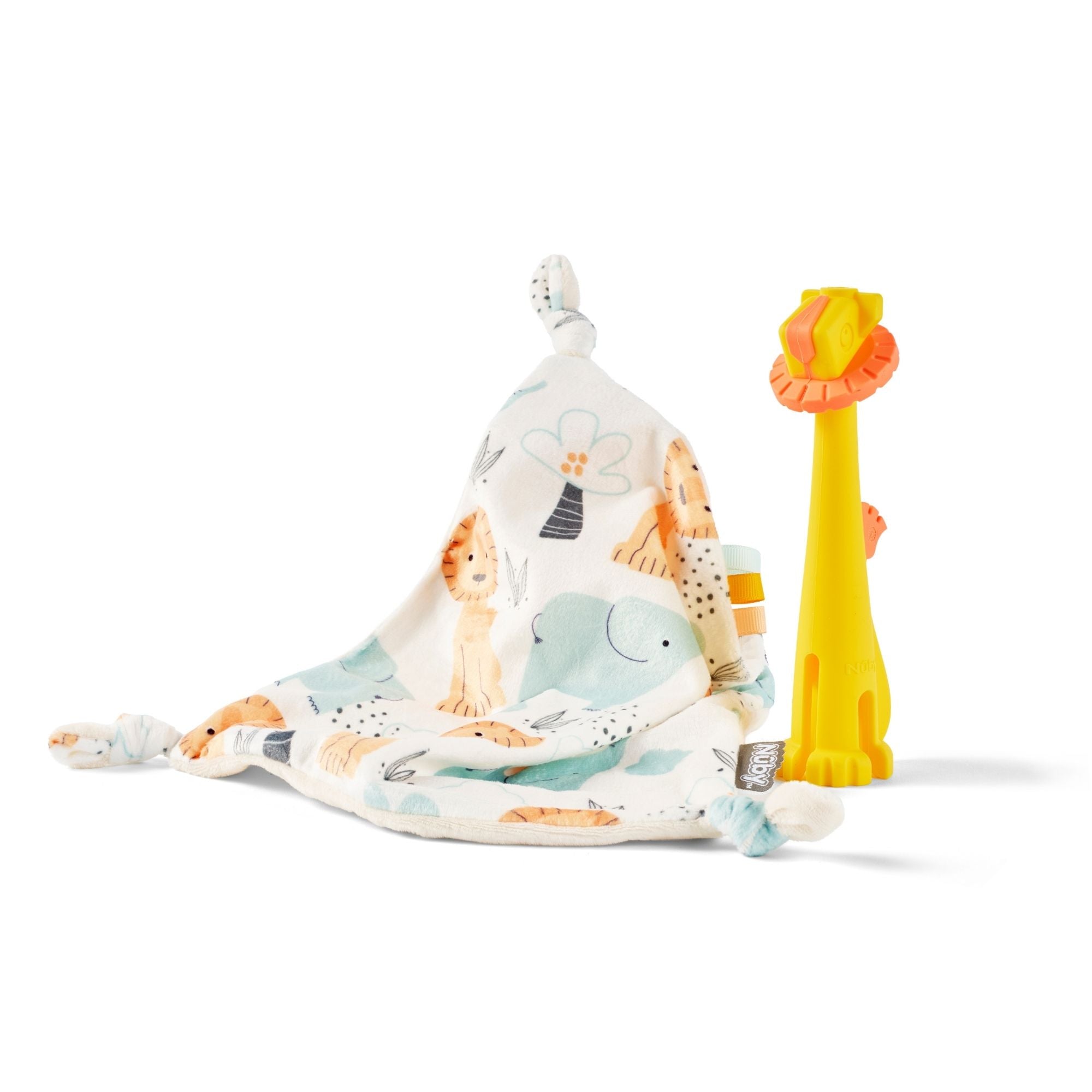 The Chompy Chube Teether & Comforter Gift Set features a soft, patterned baby blanket with animal designs and a yellow lion-shaped teething toy, displayed together on a plain white background.
