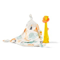 The Chompy Chube Teether & Comforter Gift Set features a soft, patterned baby blanket with animal designs and a yellow lion-shaped teething toy, displayed together on a plain white background.