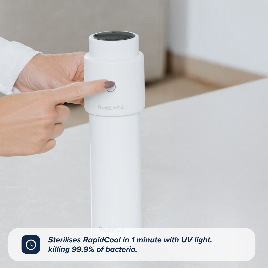 A woman's finger pressing the RapidSterilise+ button to start the sterilisation process of a RapidCool.