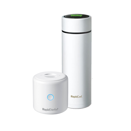 A sleek white Nuby UK Cool and Sterilise travel bottle stands upright beside a compact, matching steriliser with a blue circular light. Both offer modern, minimalist design—ideal for formula feeding on the go.