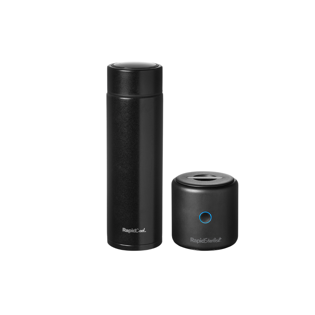 A black insulated Cool and Sterilise bottle and a compact black device with a blue ring, both by Nuby UK, are shown against a white background—ideal as a portable baby bottle maker for parents on the go.