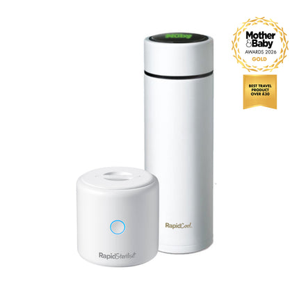 The white Cool and Sterilise portable baby bottle maker and insulated RapidCool bottle are shown with two gold Mother & Baby awards: Best Travel Product and Best Product for 0-4 Months, perfect for formula feeding on the go