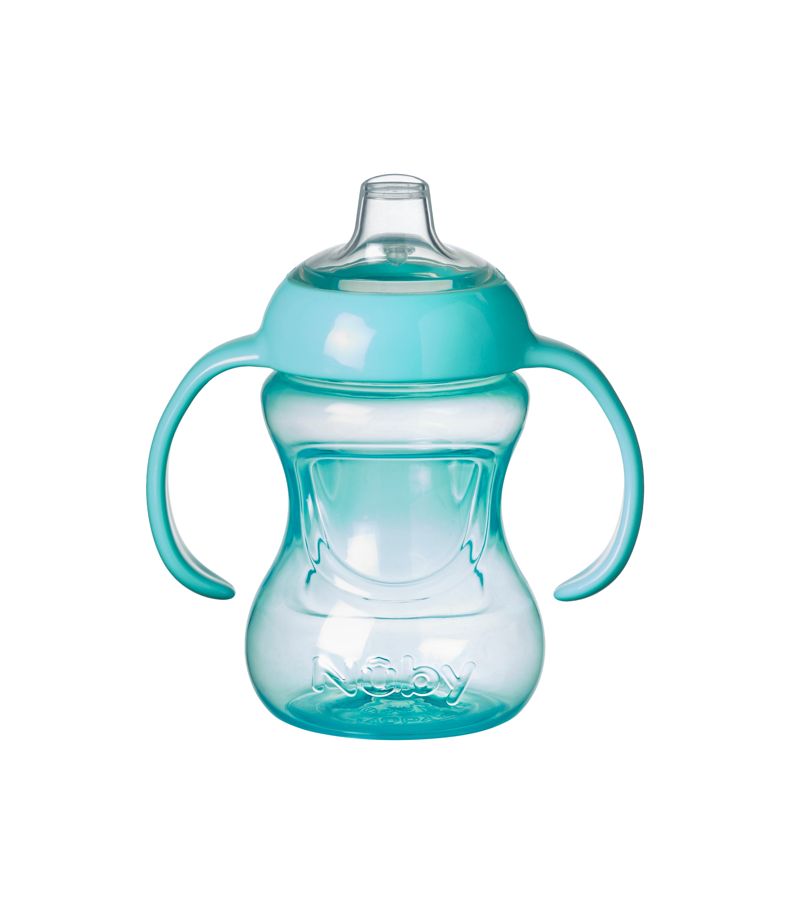 The Nuby Mini Grip N Sip Babys First Cup is a clear plastic sippy cup with a turquoise lid, dual handles, and spout—perfectly designed for young children learning to drink independently.