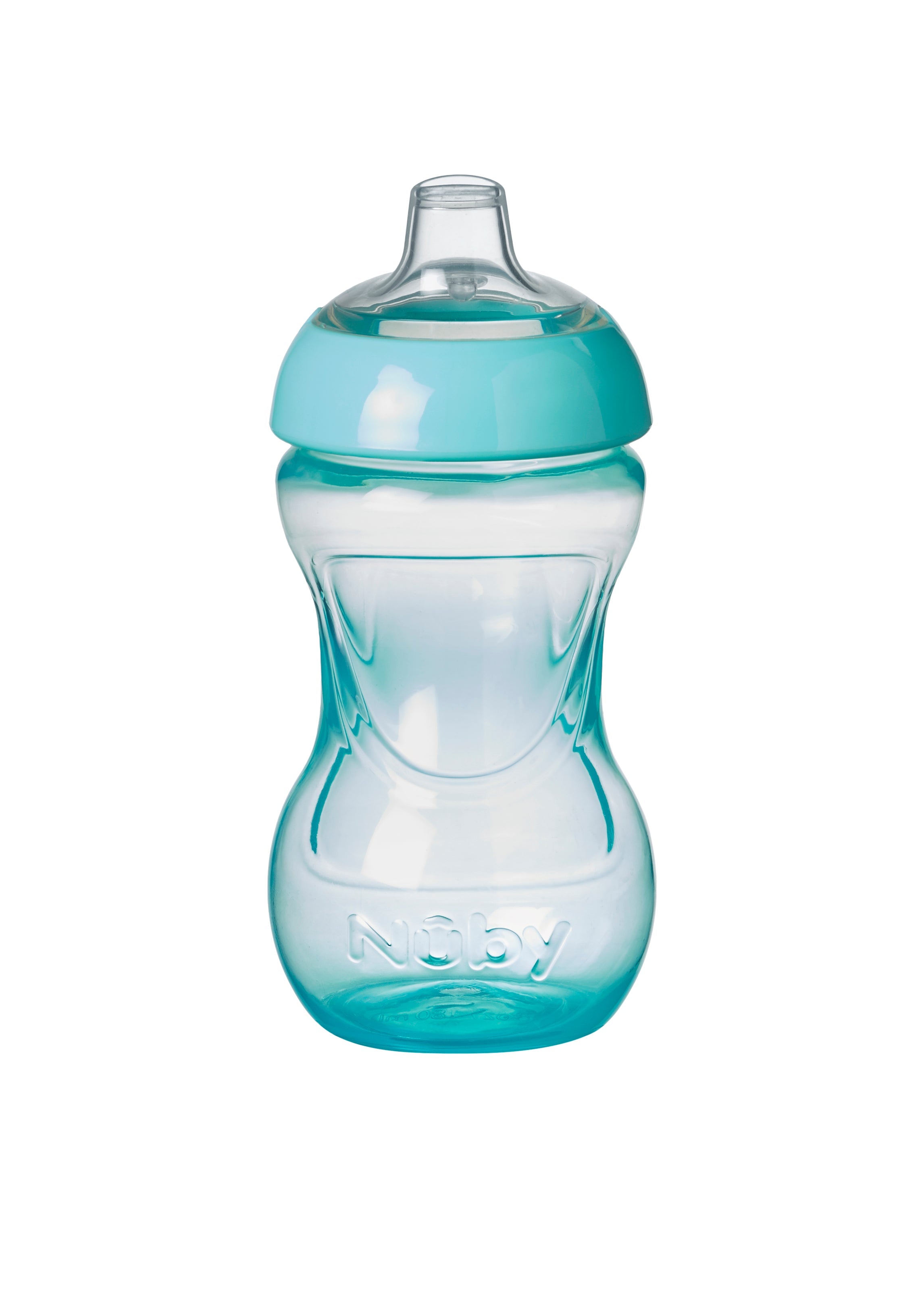 The Nuby Mini Easy Grip Baby Cup is a clear plastic cup with a light blue lid and base, featuring a contoured shape for easy gripping and the Nuby logo embossed on the lower part.