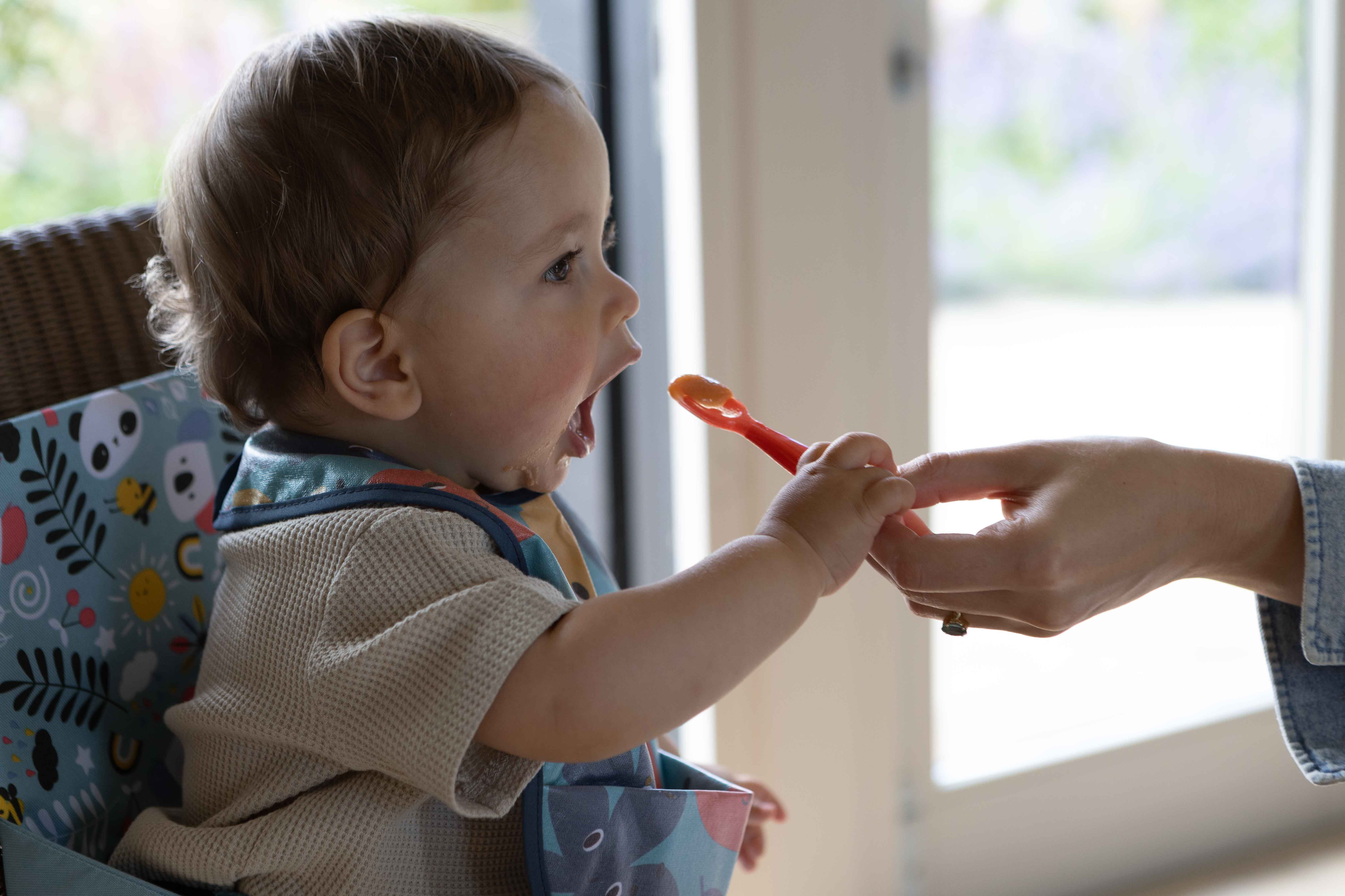 A baby wearing a patterned bib sits in a high chair by a bright window, eating from Nuby UKs Weaning Starter Set suction bowls as an adult hand feeds them with a red spoon.