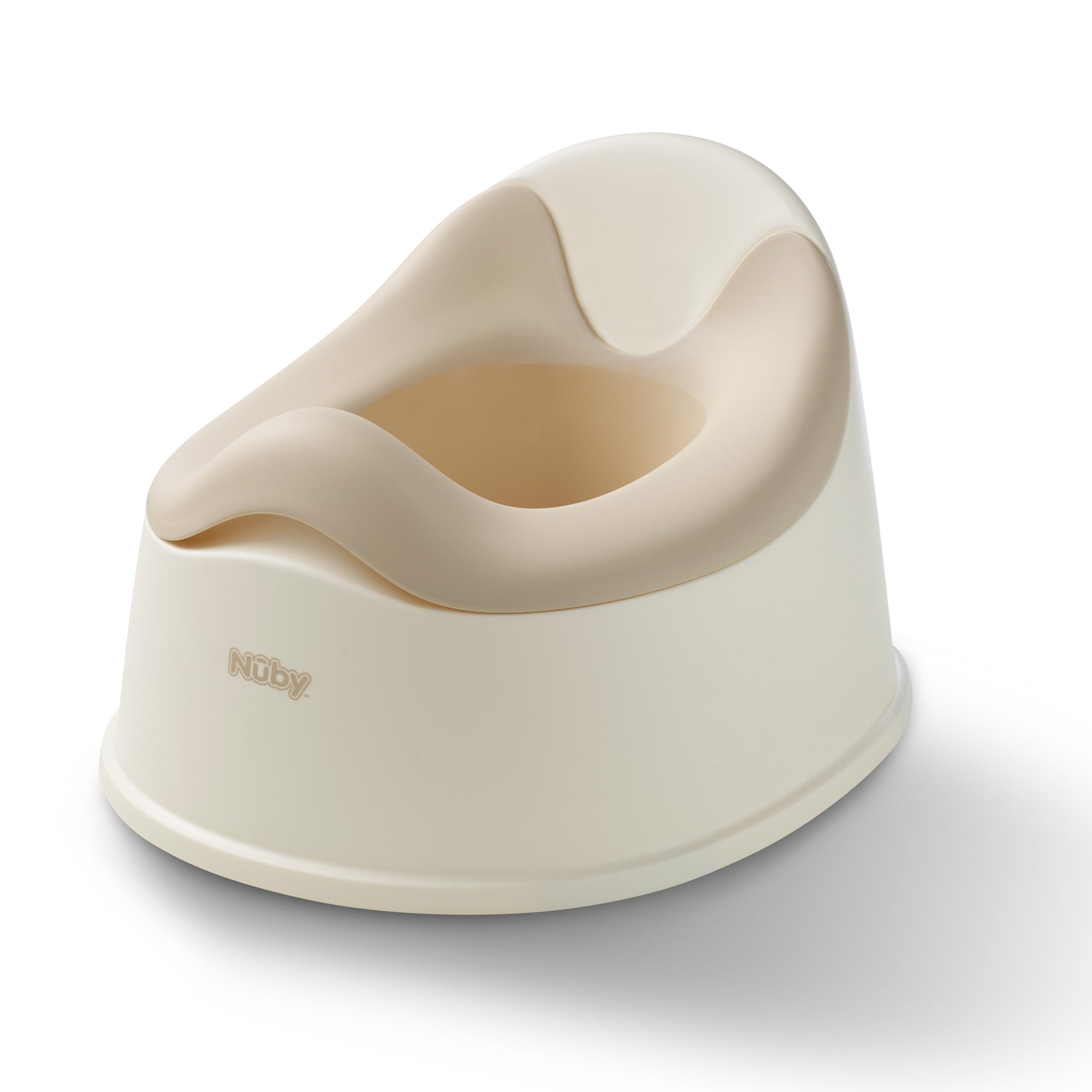 The Easy Clean Potty Beige is a cream-colored plastic toddler potty seat with a high back and rounded edges, designed for potty training. It features a removable insert for hassle-free cleaning and has the brand name Nuby embossed on the front.