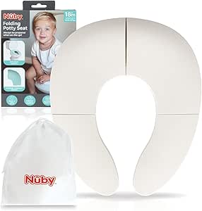 The Foldable Toilet Seat set includes a white folding seat, a carrying pouch with the Nuby logo, and packaging featuring a toddler and potty training info.