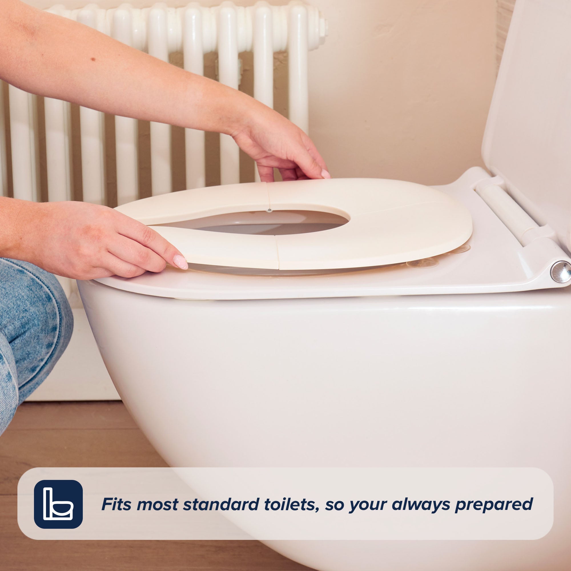 A person places the Foldable Toilet Seat on a standard white toilet. Text at the bottom reads, Fits most standard toilets for easy use anywhere, with a toilet icon beside it.