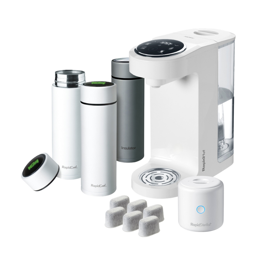 A close up of all of the items included in the Formula Making Bundle by Nuby. This includes, RapidHot, RapidCool, RapidSterilise+, a flask and filters for the RapidHot.