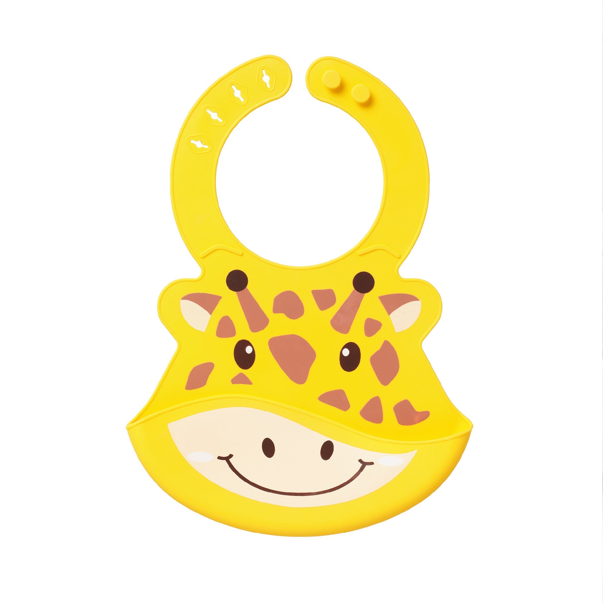 The Nuby Roly Poly Bib is a yellow, waterproof silicone baby bib shaped like a smiling giraffe with brown spots, ears, and a wide pocket—perfect for baby-led weaning. Adjustable snaps ensure an easy, hassle-free fit at mealtime.