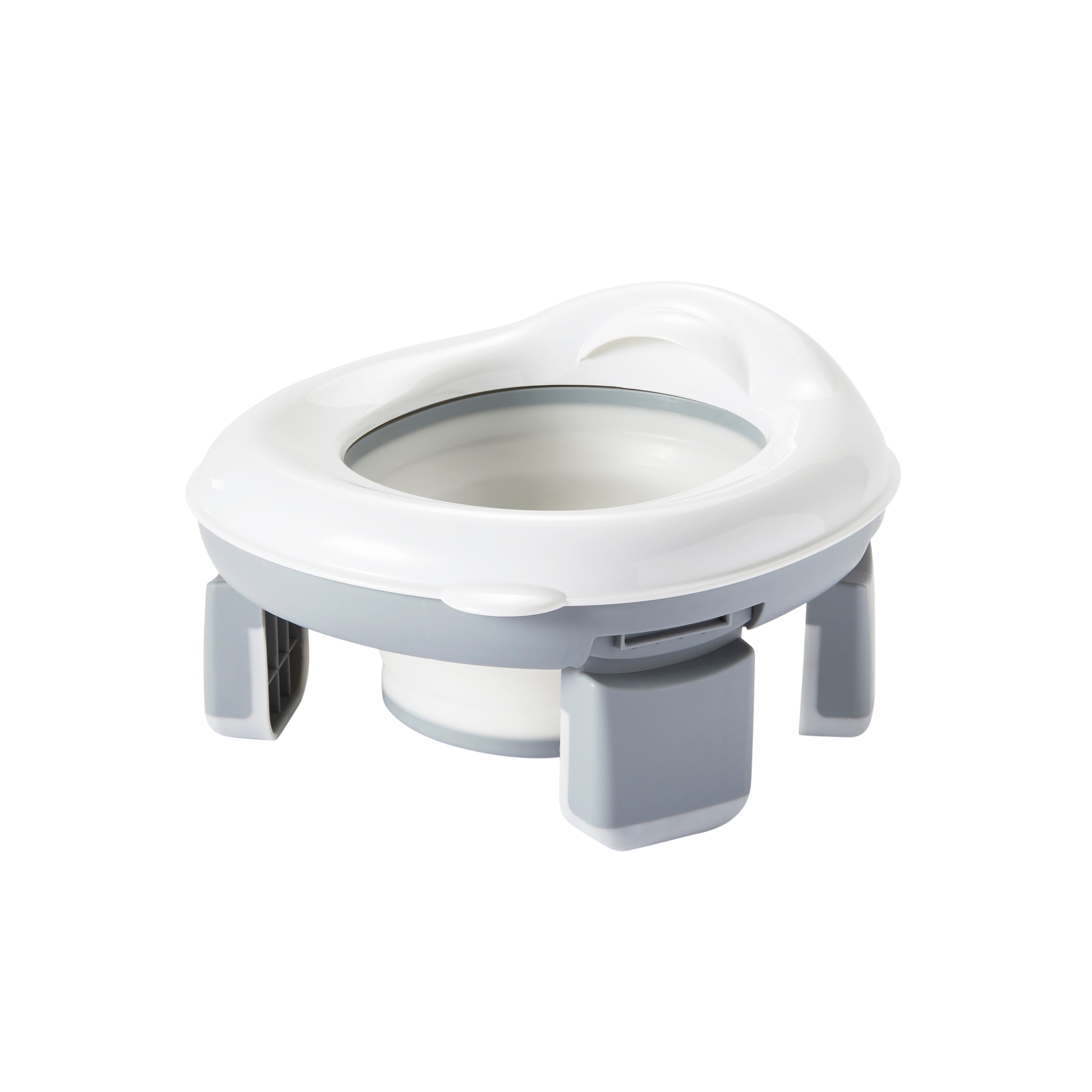 The Nuby Go Potty Folding Potty Seat is a white and gray toddler potty with a round seat, handle, and sturdy legs, perfect for travel. It's portable and shown against a plain white background.