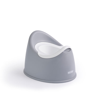 A grey potty created by Nuby, this has a white lid. The grey potty is sat on a white surface at an angle.