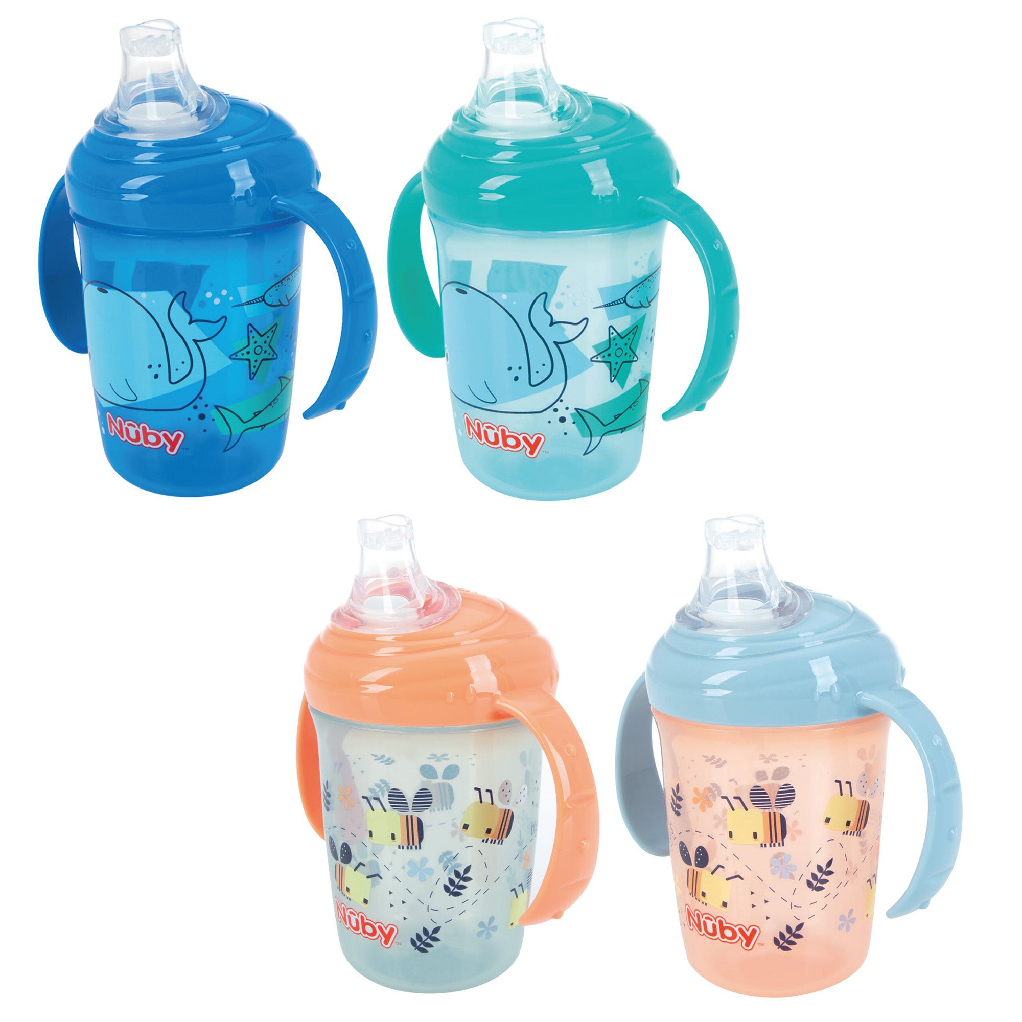 Four Nuby UK Grip n Sip Cups, Whales & Bees 4 Pack, with easy-grip handles and no-spill silicone spouts are shown. Two feature blue sea animal designs; two have peach bee and floral designs. Each cup comes with a matching lid.