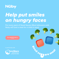 Promotional image featuring blue and orange tableware, broccoli, and the text: “For every pack of Nuby Nesting Food Containers for Children sold, Nuby will fund a meal for a child in need.” Includes FareShare and Nuby logos.