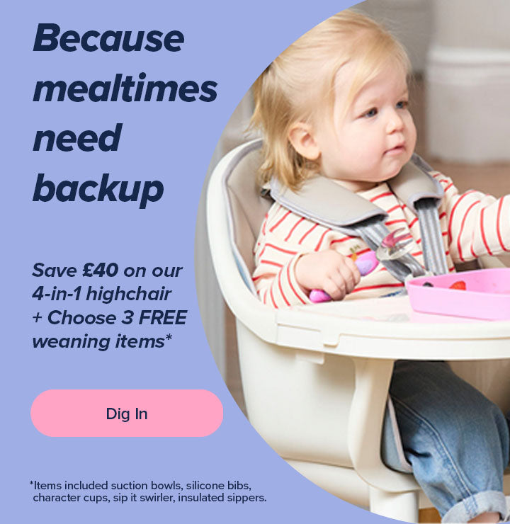 Save £40 on our 4 in 1 highchair and choose 3 free weaning items on us. 