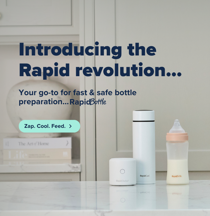 Introducing the new RapidBottle, a glass baby bottle which works with RapidSterilise. Your go-to duo for fast and safe bottle preparation.