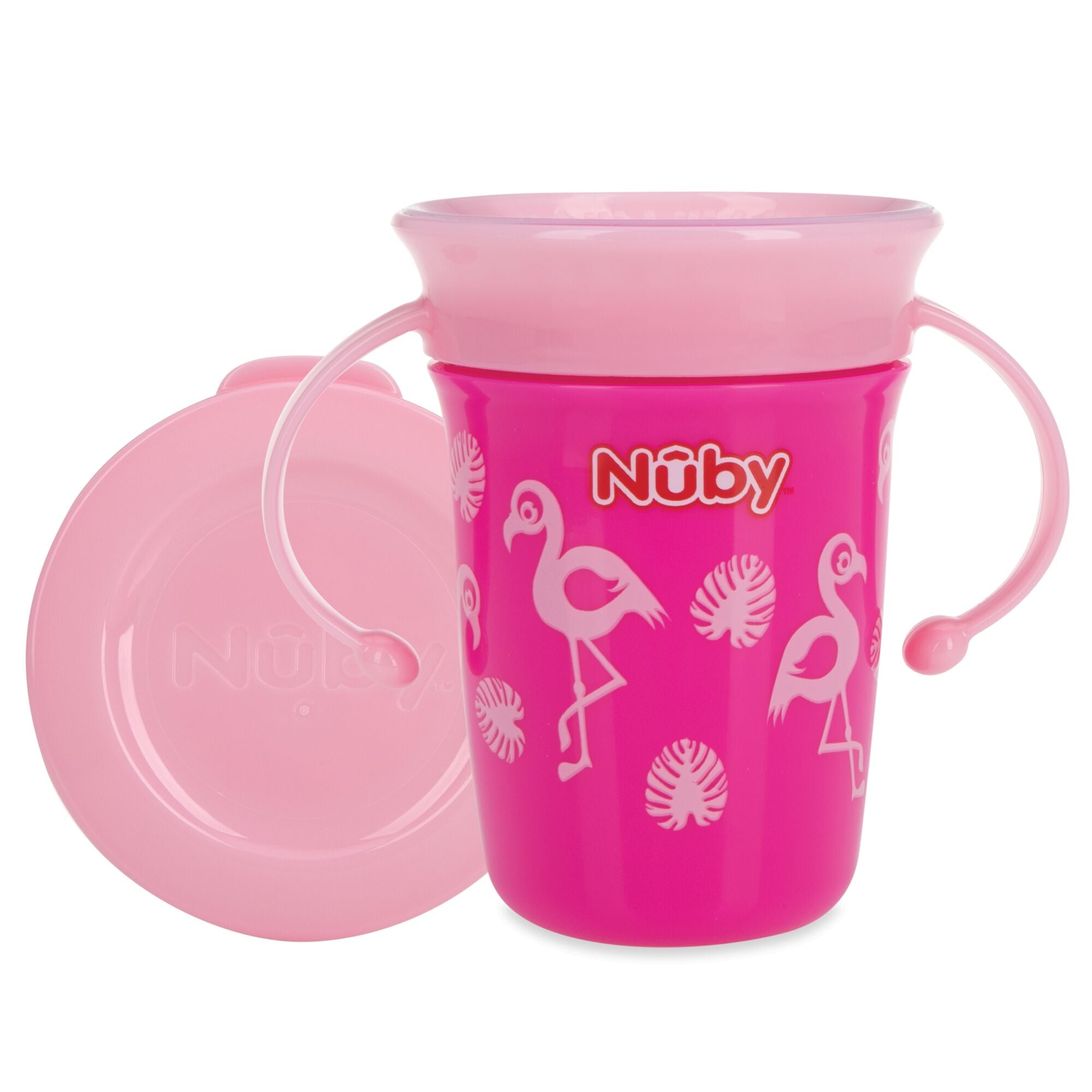 The 360 mini cup by Nuby in pink, with Flamingo decorations around the cup.