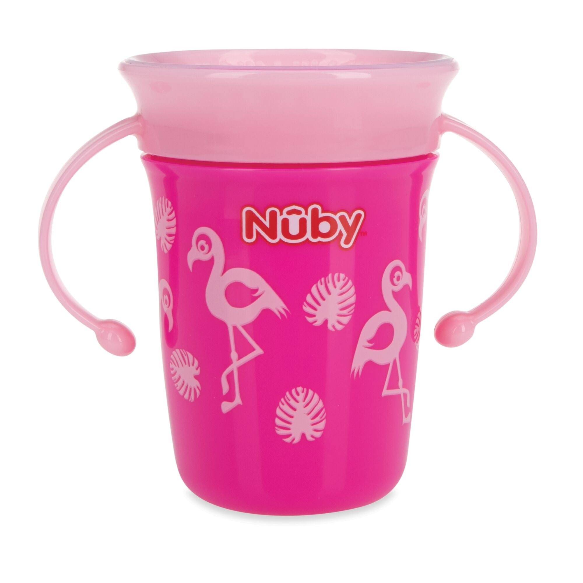 A close up of the Wonder 360 Mini Cup by Nuby. Pink in design with Flamingos around it.