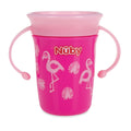 A close up of the Wonder 360 Mini Cup by Nuby. Pink in design with Flamingos around it.