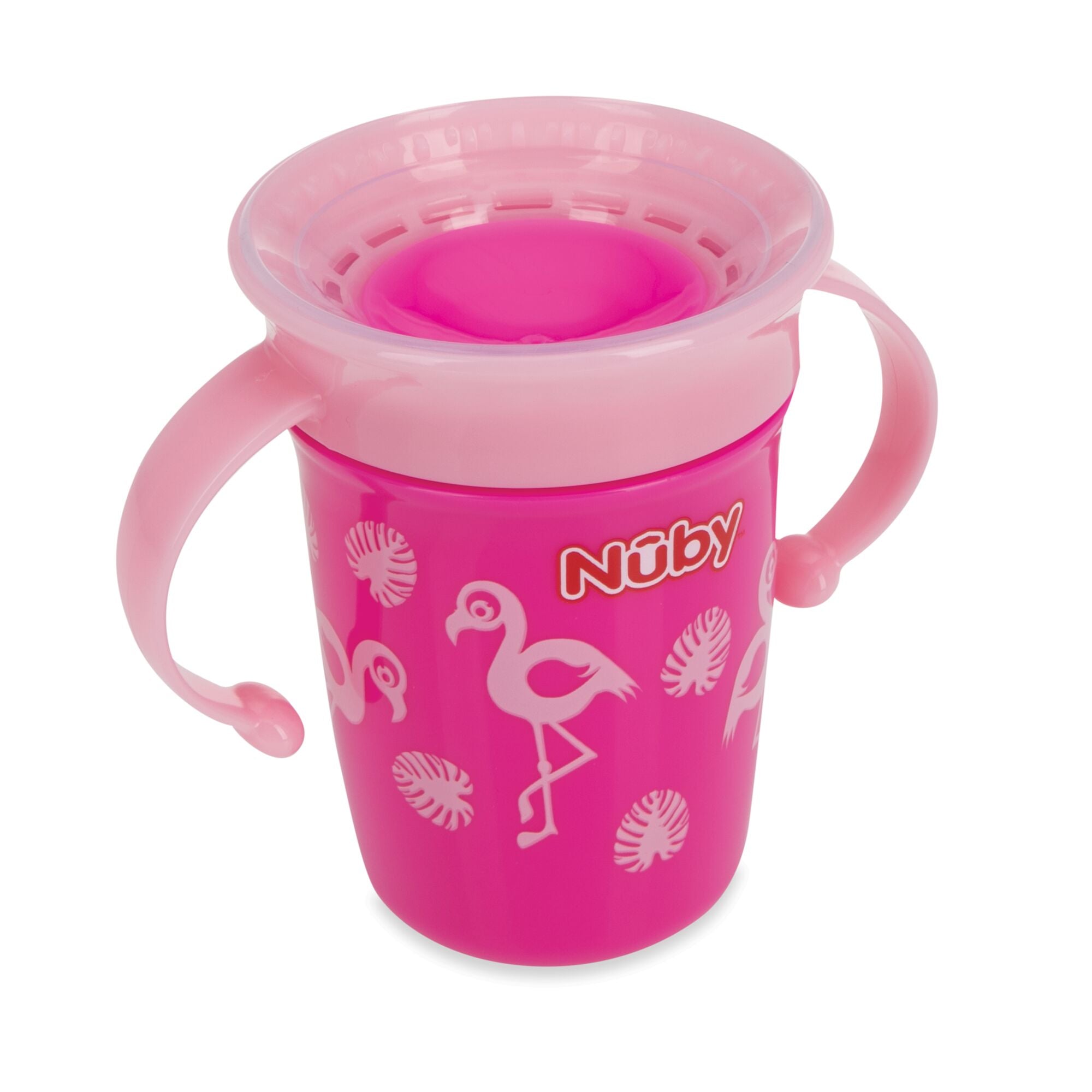 A higher angle of the Wonder 360 Mini Cup with Flamingos on.