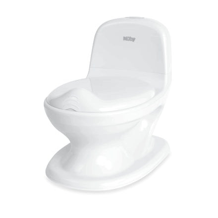 The Nuby My Real Mini Toilet Potty is a small, white training toilet for toddlers, featuring a closed lid and realistic design—ideal for early toilet training.