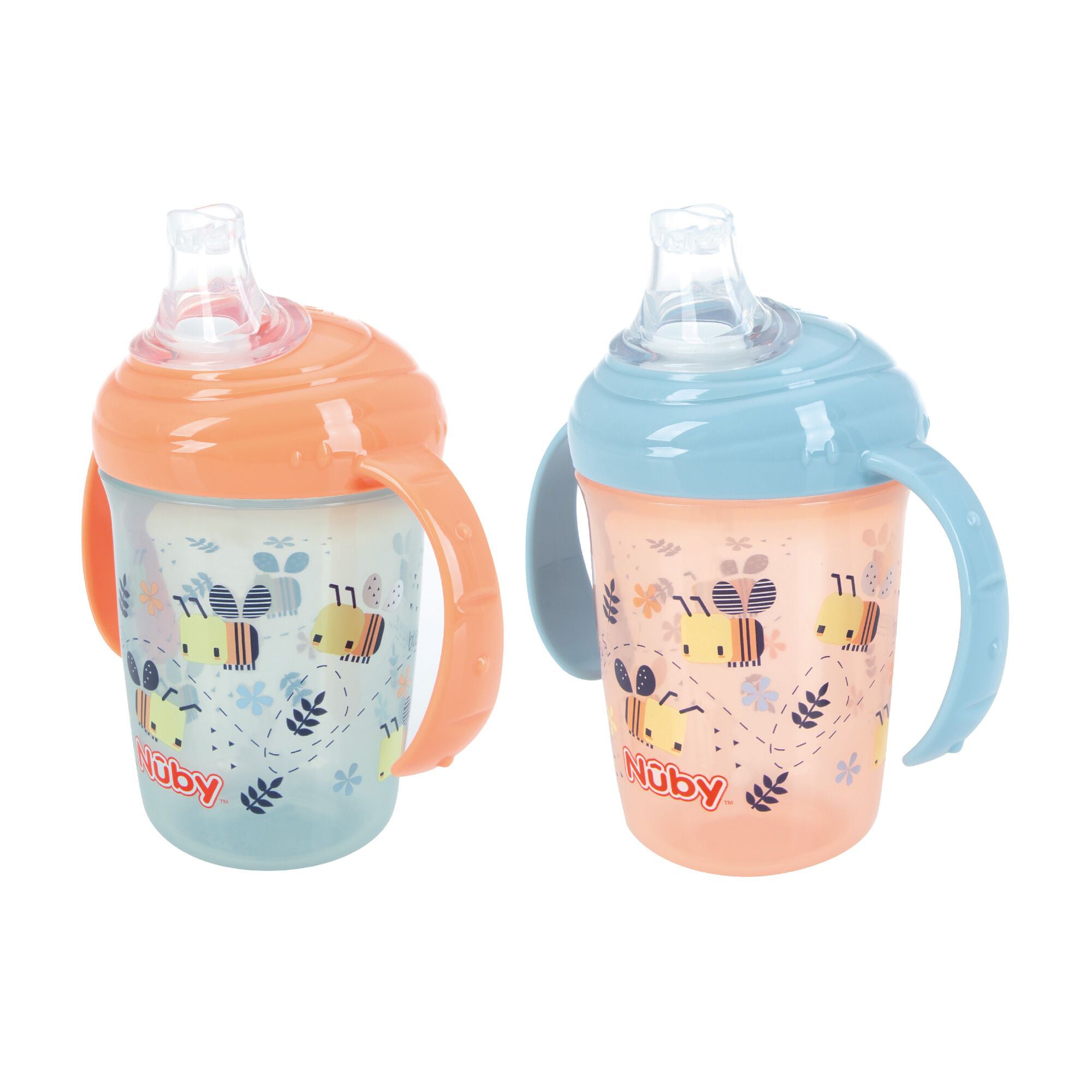 The Nuby Grip N Sip Baby Cups 2 Pack Bees includes a blue/orange and a peach/blue cup, both with easy-grip handles, no-spill silicone spouts, and cheerful bee and flower designs.